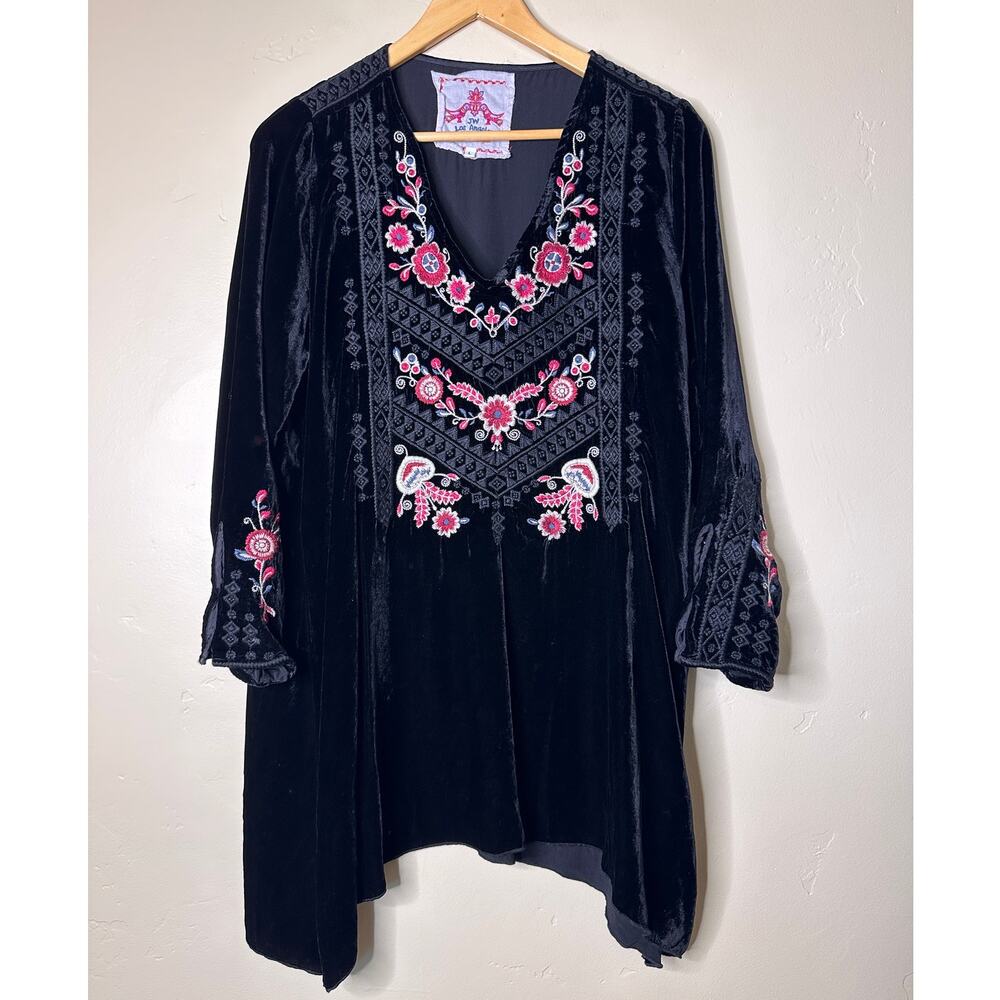 Johnny Was Landon Black Velvet Silk Blend Tunic Floral Embroidery LARGE